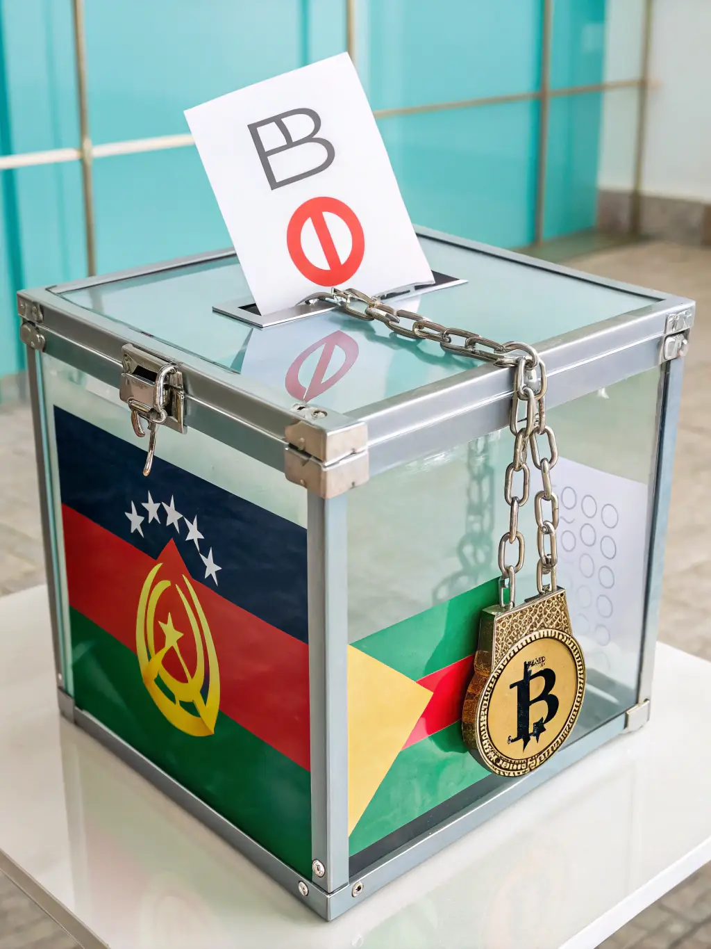 An abstract image representing a secure voting system on a blockchain, emphasizing transparency and immutability, used to illustrate NodeForge's expertise in secure voting solutions.