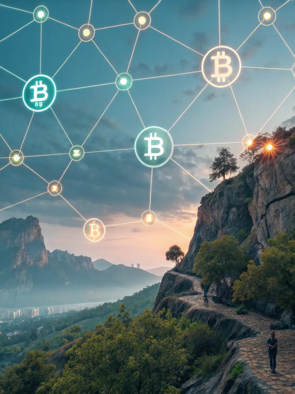 A visual representation of blockchain scalability solutions, showing interconnected nodes expanding and handling increasing transaction volumes.