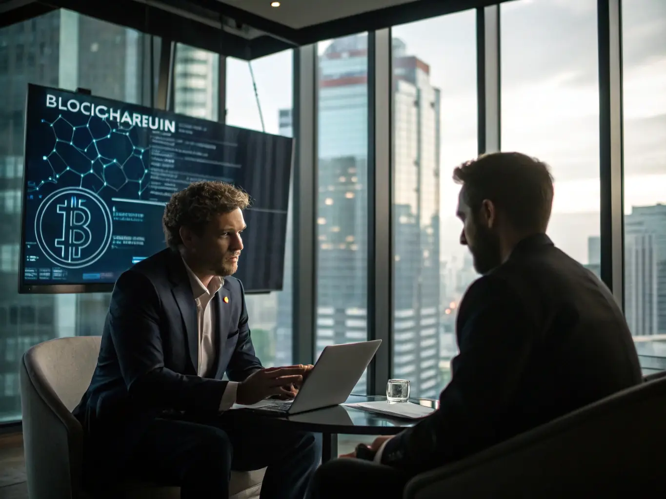 A consultant in a meeting room, explaining blockchain solutions to a client, with diagrams and charts visible on a screen in the background.