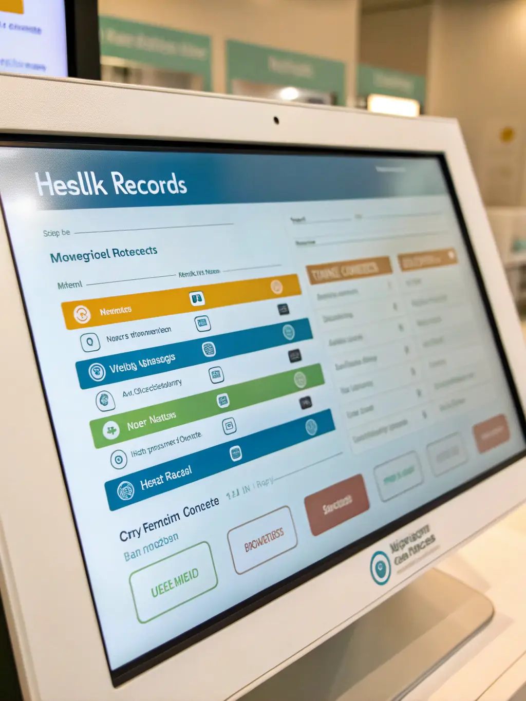A visual representation of a healthcare data management system secured by blockchain, highlighting patient data privacy and interoperability, used to showcase NodeForge's healthcare blockchain solutions.