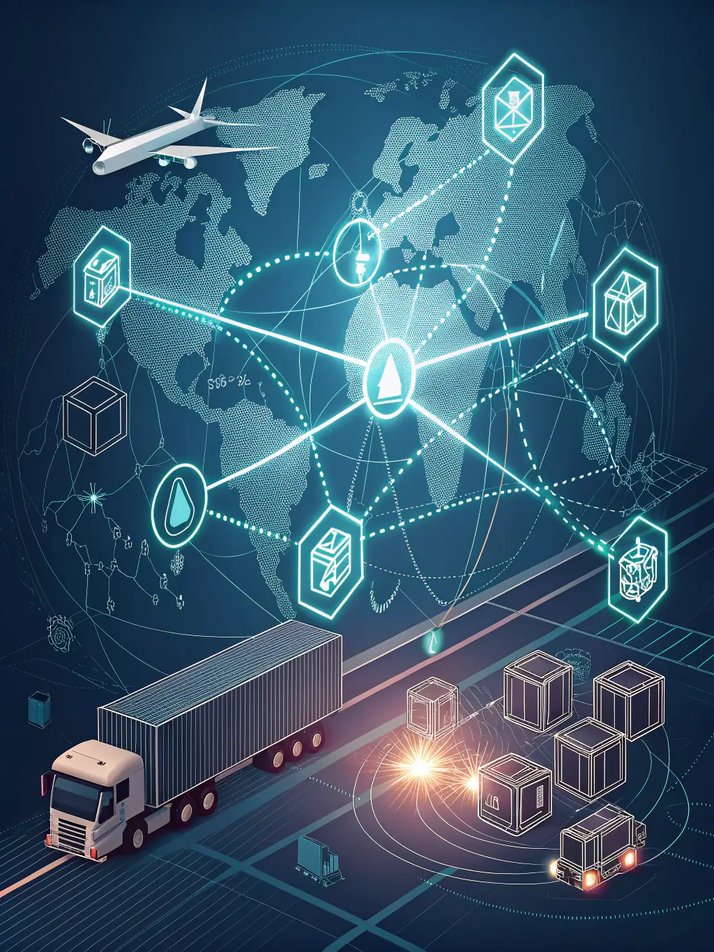 An image depicting a supply chain network with blockchain integration, showing products being tracked and verified at each stage, used to represent NodeForge's work in supply chain solutions.