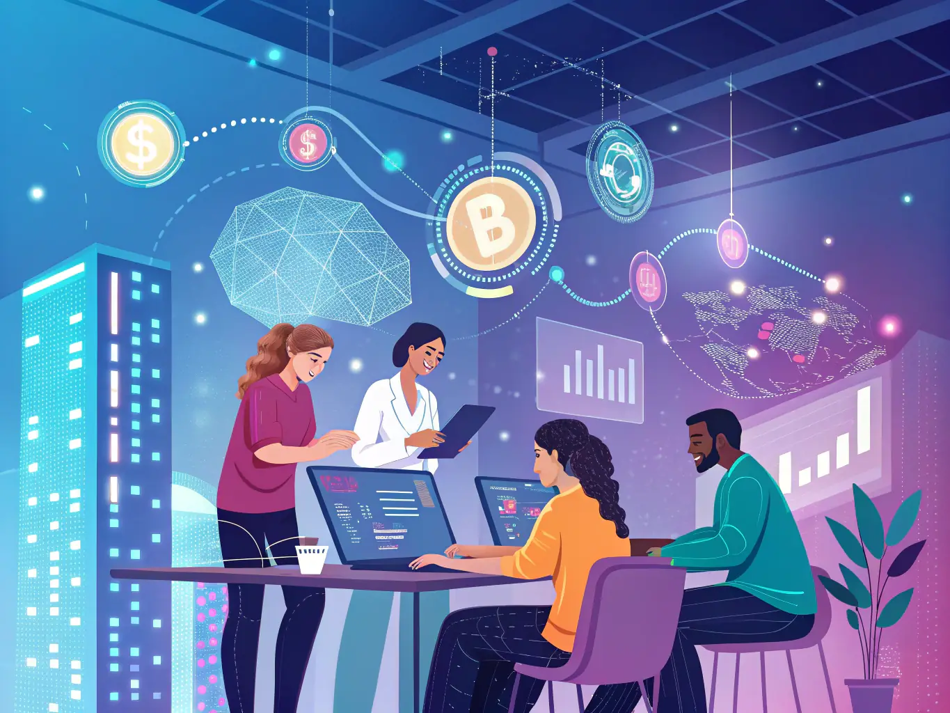 A team of blockchain developers collaborating on a project, with lines of code visible on their screens, showcasing their technical expertise.