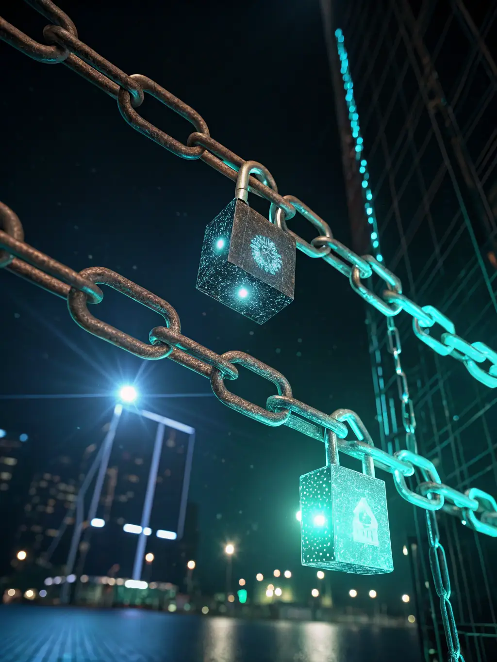 An image depicting data flowing securely through a blockchain network, highlighting the importance of data integrity and security.